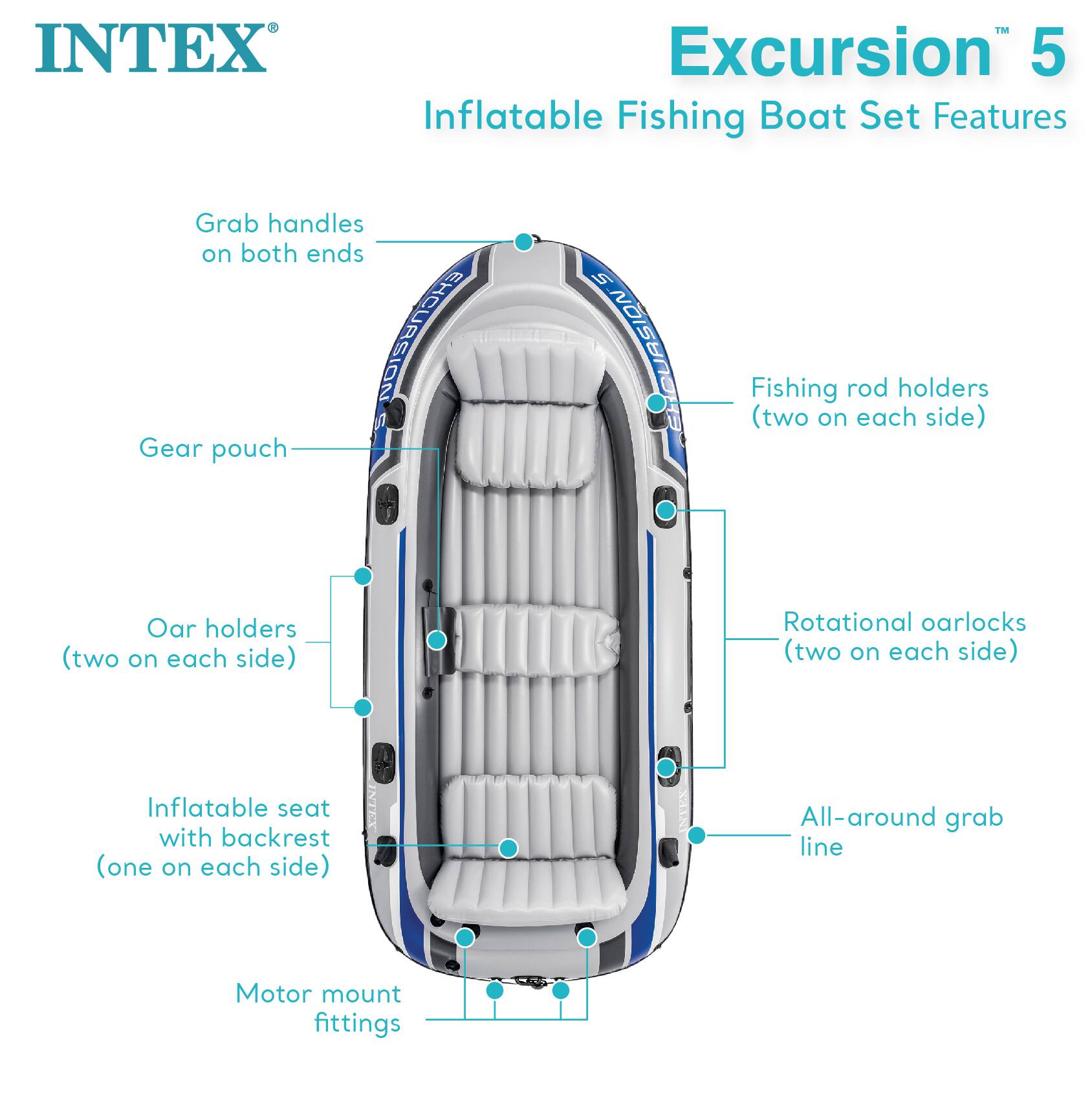 INTEX Excursion 5 Inflatable Fishing Boat Set Features

- Grab handles on both ends
- Gear pouch
- Oar holders (two on each side)
- Inflatable seat with backrest (one on each side)
- Motor mount fittings
- Fishing rod holders (two on each side)
- Rotational oarlocks (two on each side)
- All-around grab line