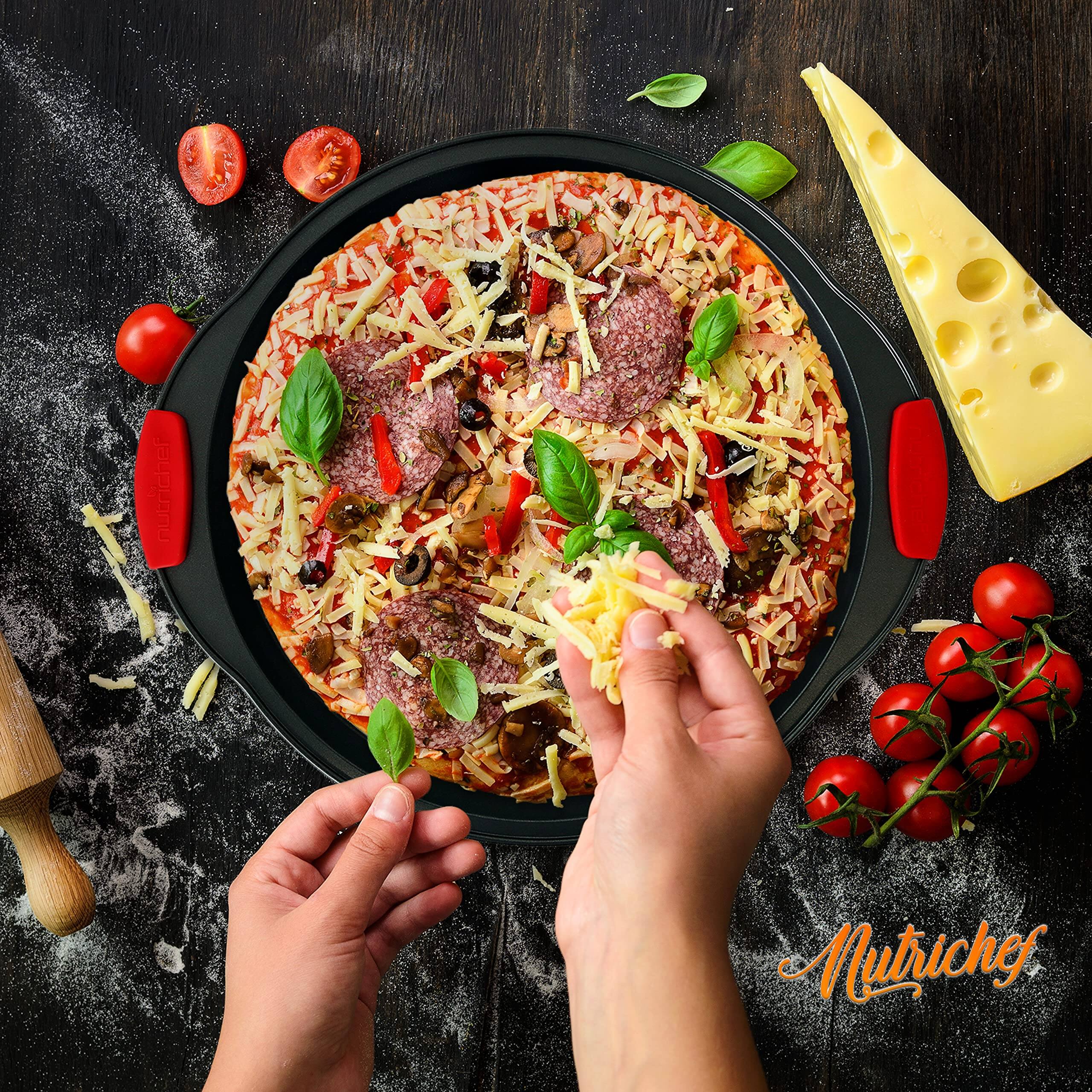 Alt View 3. NutriChef - NutriChef NCBPIZ1X6 Non-Stick Pizza Tray with Silicone Handles, 6-Pack, Perforated Steel Pans, Dishwasher Safe - Black, Red.