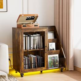 Winado - Record Player Stand Mid-Century Album Storage Table with LED Light up to 300 Albums with Power Outlet for Living Room - Rustic Brown