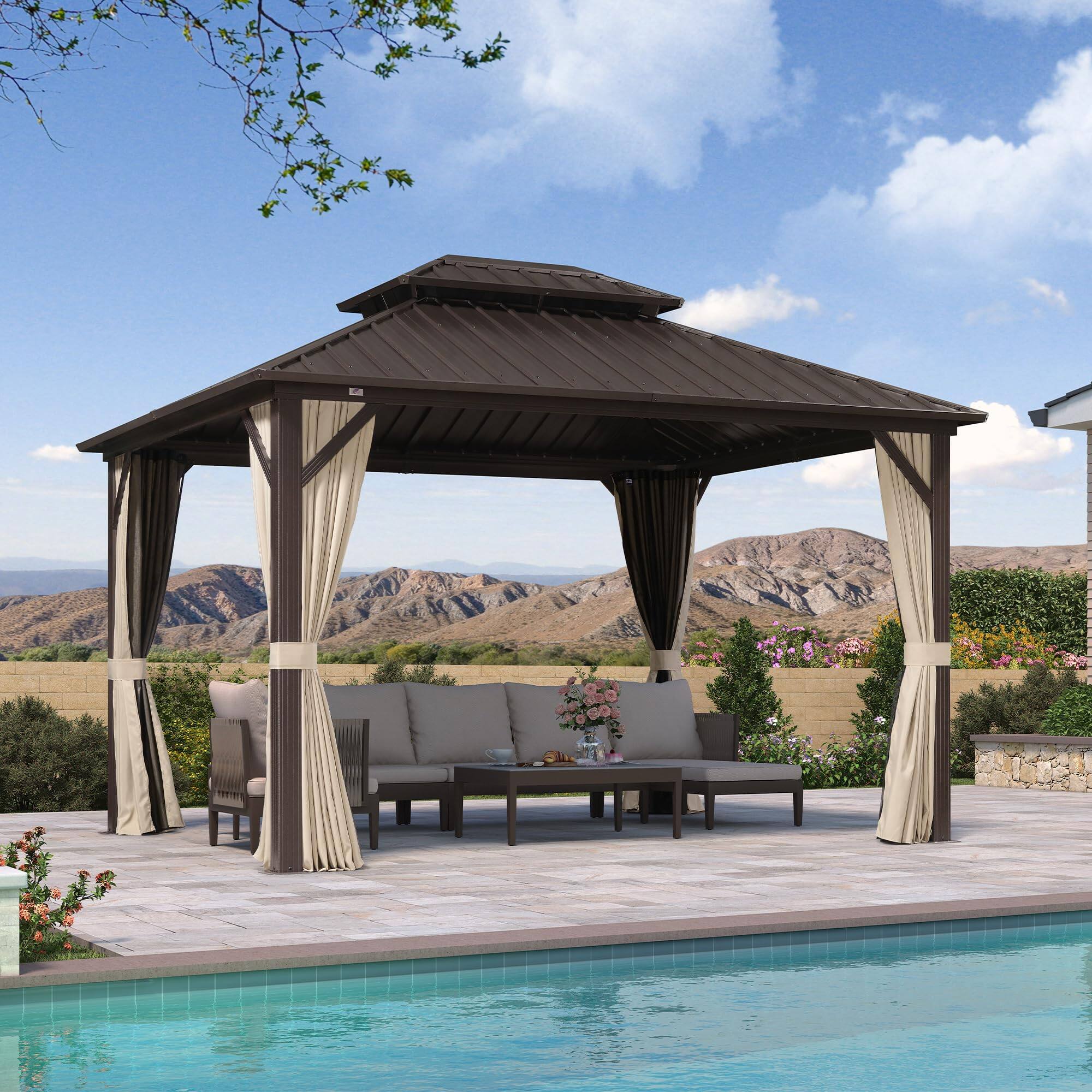 Alt View 2. PURPLE LEAF - 10 X 12 FT Outdoor Hardtop Gazebo Metal Frame Galvanized Steel Double Roof with Curtains and Nettings - 10' X 12'.