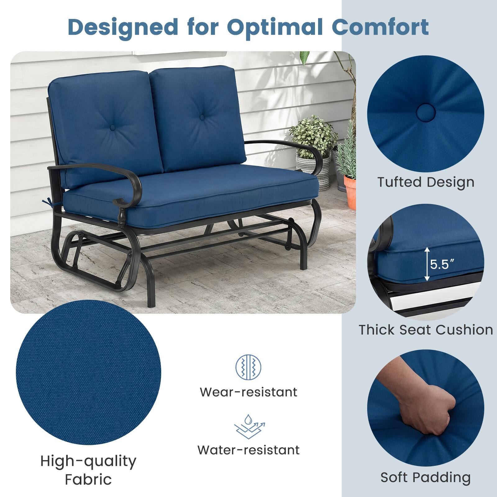 Designed for Optimal Comfort

- Tufted Design
- 5.5" Thick Seat Cushion
- High-quality Fabric
- Wear-resistant
- Water-resistant
- Soft Padding