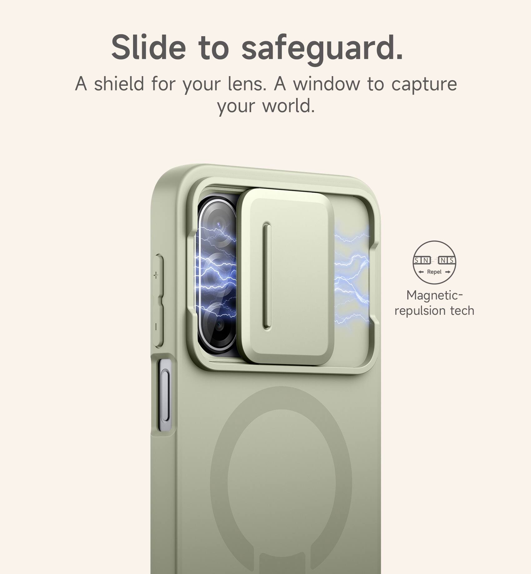 Slide to safeguard.  
A shield for your lens. A window to capture your world.  
SIN SIN - Repel - Magnetic repulsion tech