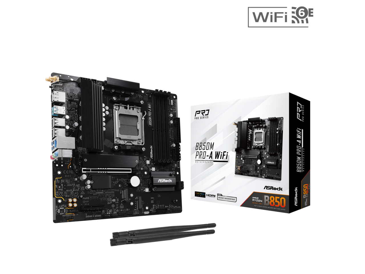 WiFi 6E

TS
VV Sidro CEFC INGVE muy
5% RoHS Grist
x
BM PRO-A BBSOM ASROCK ASReck
P PRO SERIES B850M PRO-A WiFi NOTHERBOARD ODCHROME CODE HDMI - - - - -
PRD SERIES PRO WiFi PRO- MillPer.JK B850M ................. ASROCK B850 RYZEN SOCKET AMDO AMS B850 ASROCK STERIA - - - GRAPHEL - - - have. ESPNER