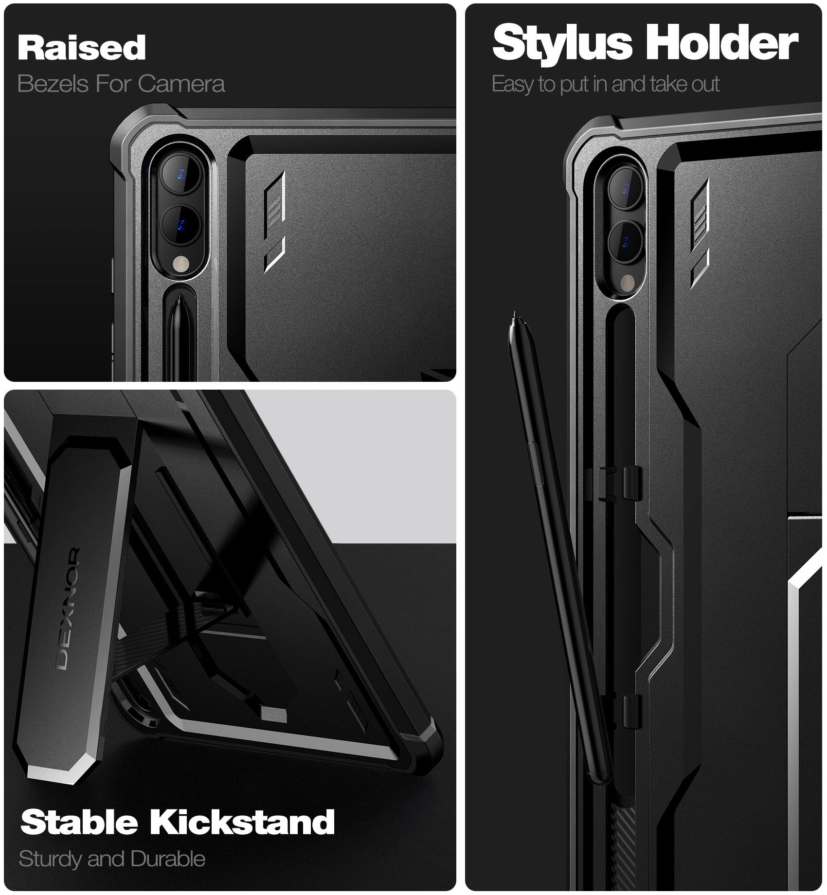 Raised Bezels For Camera  
Stylus Holder  
Easy to put in and take out  
Stable Kickstand  
Sturdy and Durable