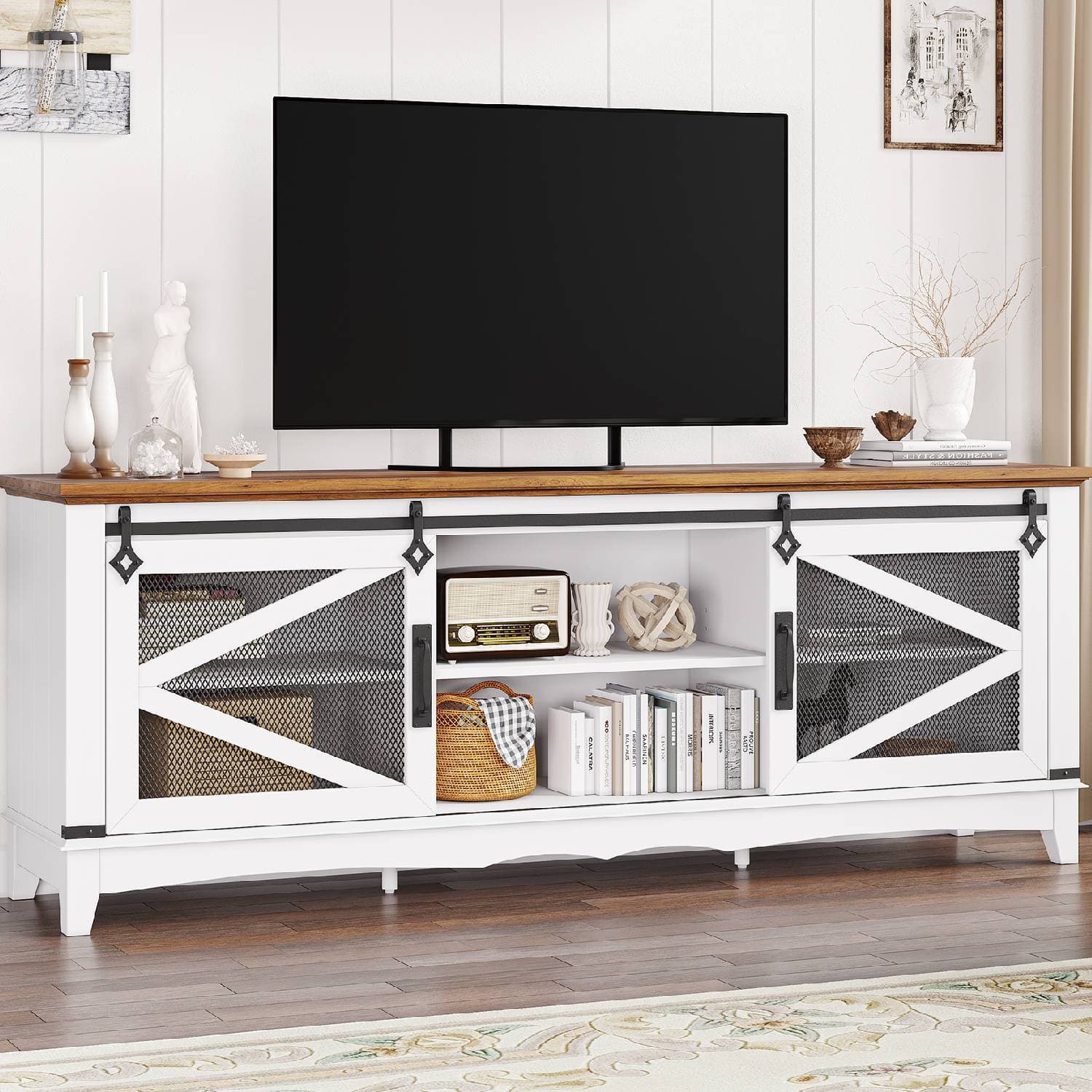 Acekool - Farmhouse TV Stand, TV Media Console Cabinet for 65 Inch TV - White