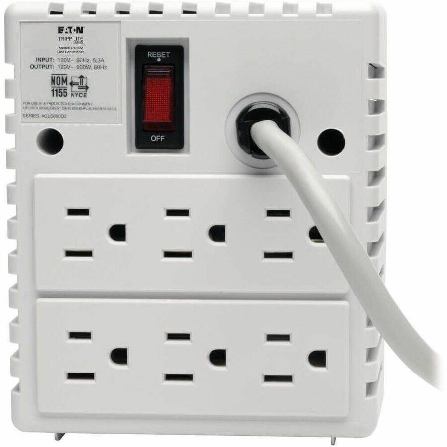 E-T-N  
TRIPP LITE  
Model No: L1206M  
Line Conditioner  

INPUT: 120V, 60Hz, 5.3A  
OUTPUT: 120V, 600W, 60Hz  

NOM 1155  
NYCE  

FOR USE IN A PROTECTED ENVIRONMENT  
UL LISTED UNDER E104740  
UL USER INSTRUCTIONS CAN BE OBTAINED FROM UL OR FROM THE MANUFACTURER  
SERIES: AGC-960002  

RESET  
OFF
