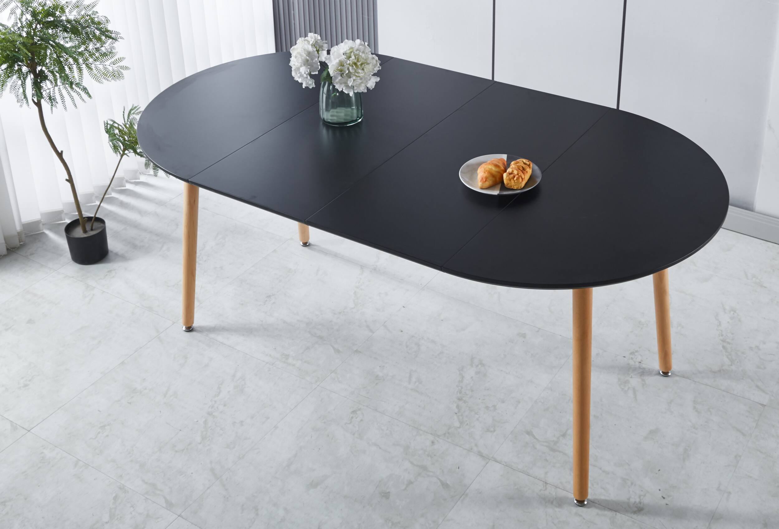 Angle. TinyHomie - Extensible Table Wood Leg Mdf Top 100140180X100X75Cm Black For Dining Office - Black.