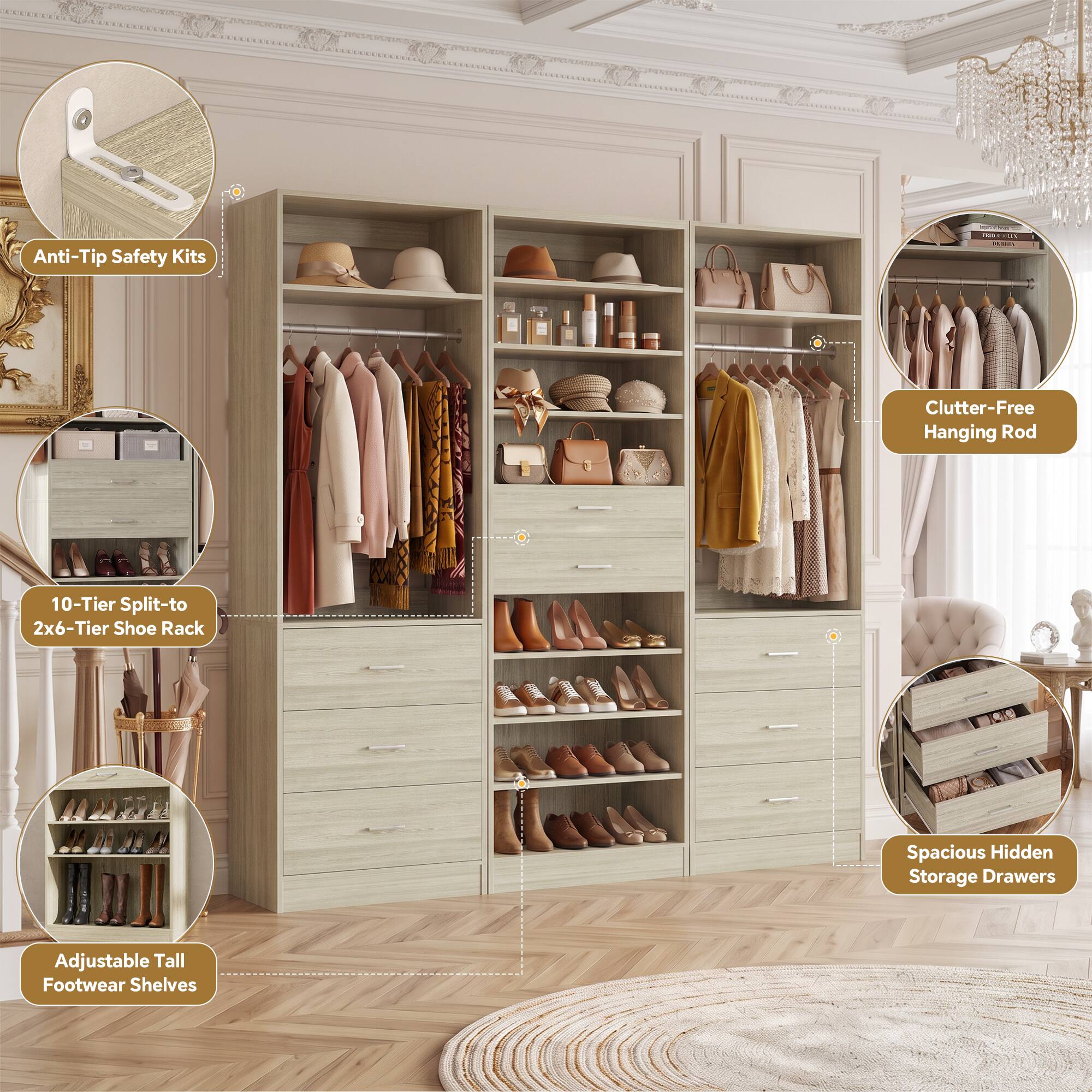 Anti-Tip Safety Kits

FREE RUS BUSI

Clutter-Free Hanging Rod

10-Tier Split-to 2x6-Tier Shoe Rack

Spacious Hidden Storage Drawers

Adjustable Tall Footwear Shelves