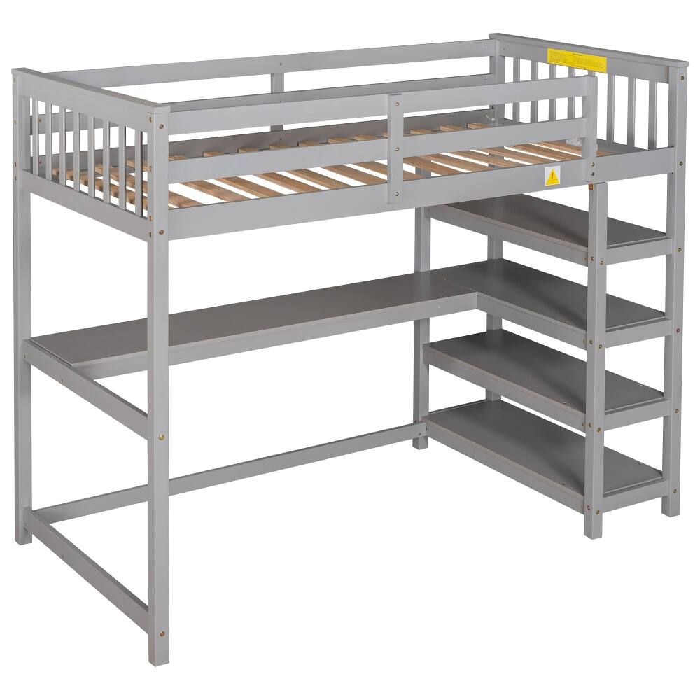 Alt View 9. Loheer - Loheer Twin Loft Bed with Desk and Storage Shelves, Solid Pine Wood Space-Saving Bed Frame, Gray - Gray.