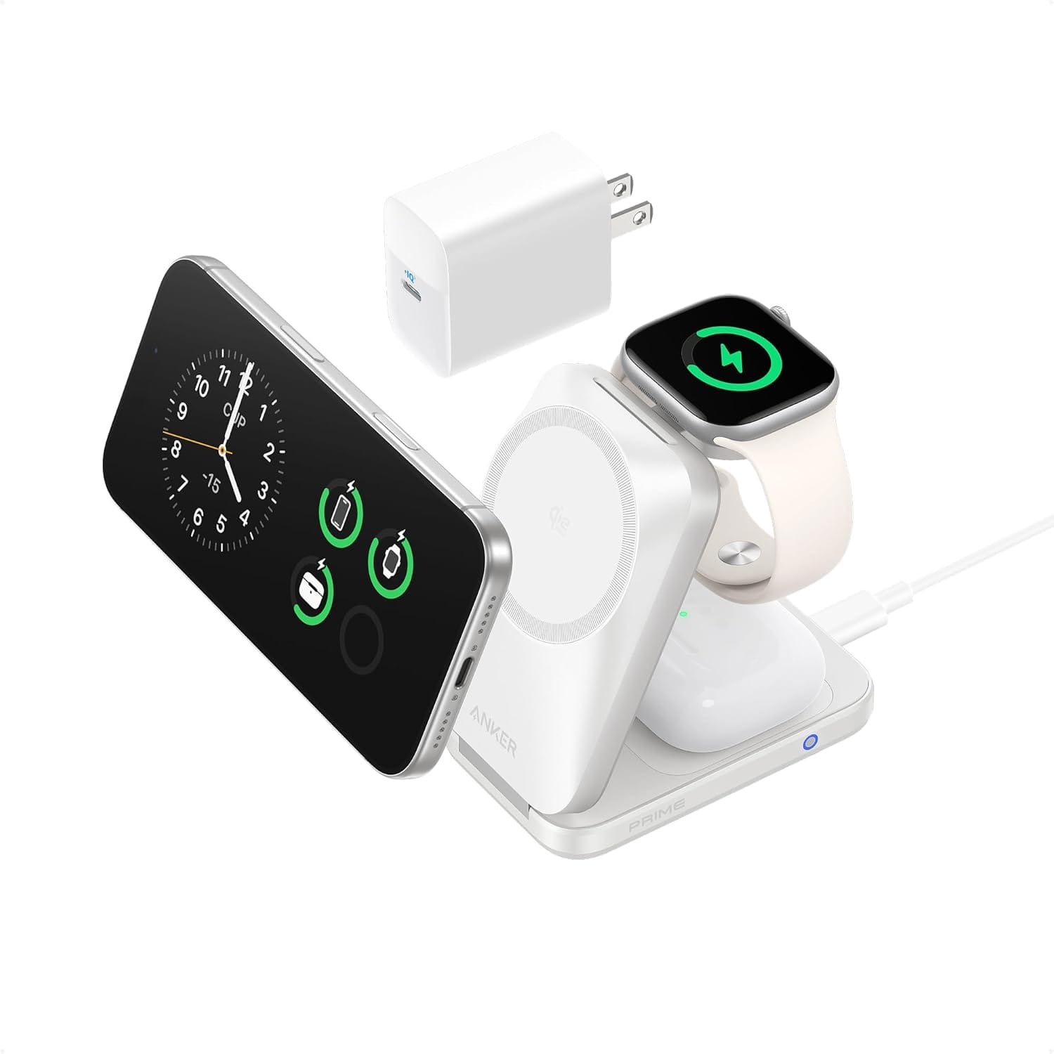 Anker - Prime 3-in-1 Charging Station, AirCool Wireless Charger, Qi2 25W Certified Palm-Sized Foldable MagSafe Charger - Radiant White