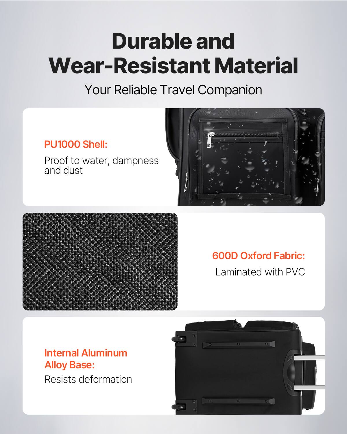 Durable and Wear-Resistant Material  
Your Reliable Travel Companion  

PU1000 Shell:  
Proof to water, dampness and dust  

600D Oxford Fabric:  
Laminated with PVC  

Internal Aluminum Alloy Base:  
Resists deformation