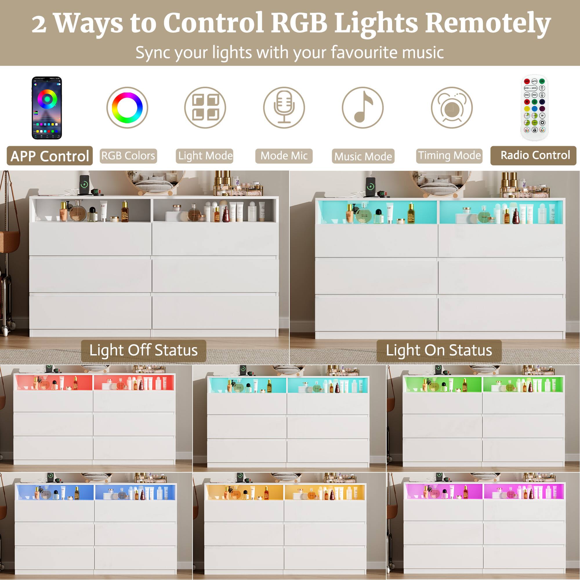 2 Ways to Control RGB Lights Remotely  
Sync your lights with your favourite music

- APP Control
- RGB Colors
- Light Mode
- Mode Mic
- Music Mode
- Timing Mode
- Radio Control

Light Off Status  
Light On Status