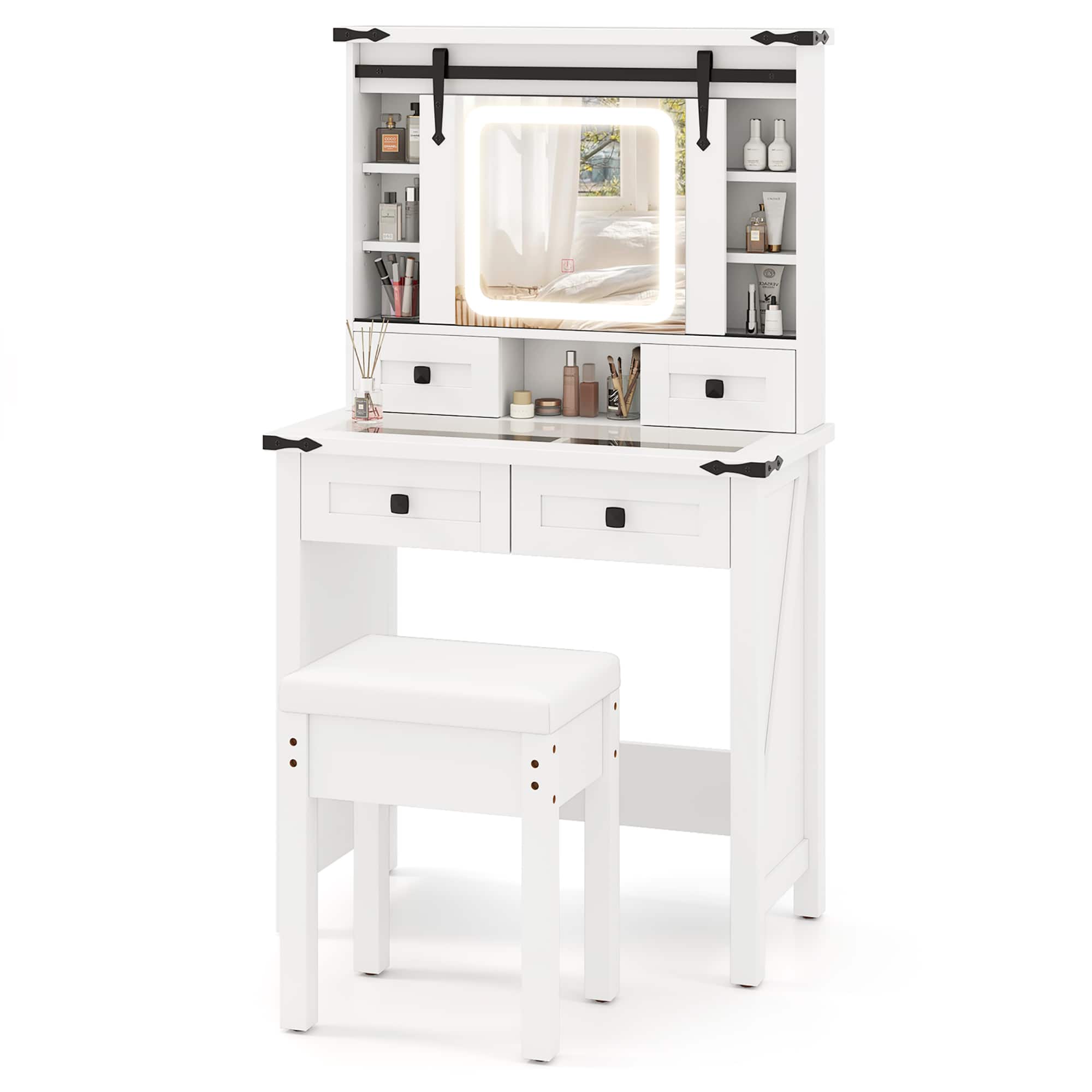 Gymax - Farmhouse Vanity Desk Makeup Vanity Table w/Adjustable Brightness Sliding Mirror - White