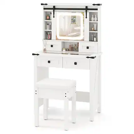 Front. Gymax - Gymax Farmhouse Vanity Desk Makeup Vanity Table w/Adjustable Brightness Sliding Mirror White - White.