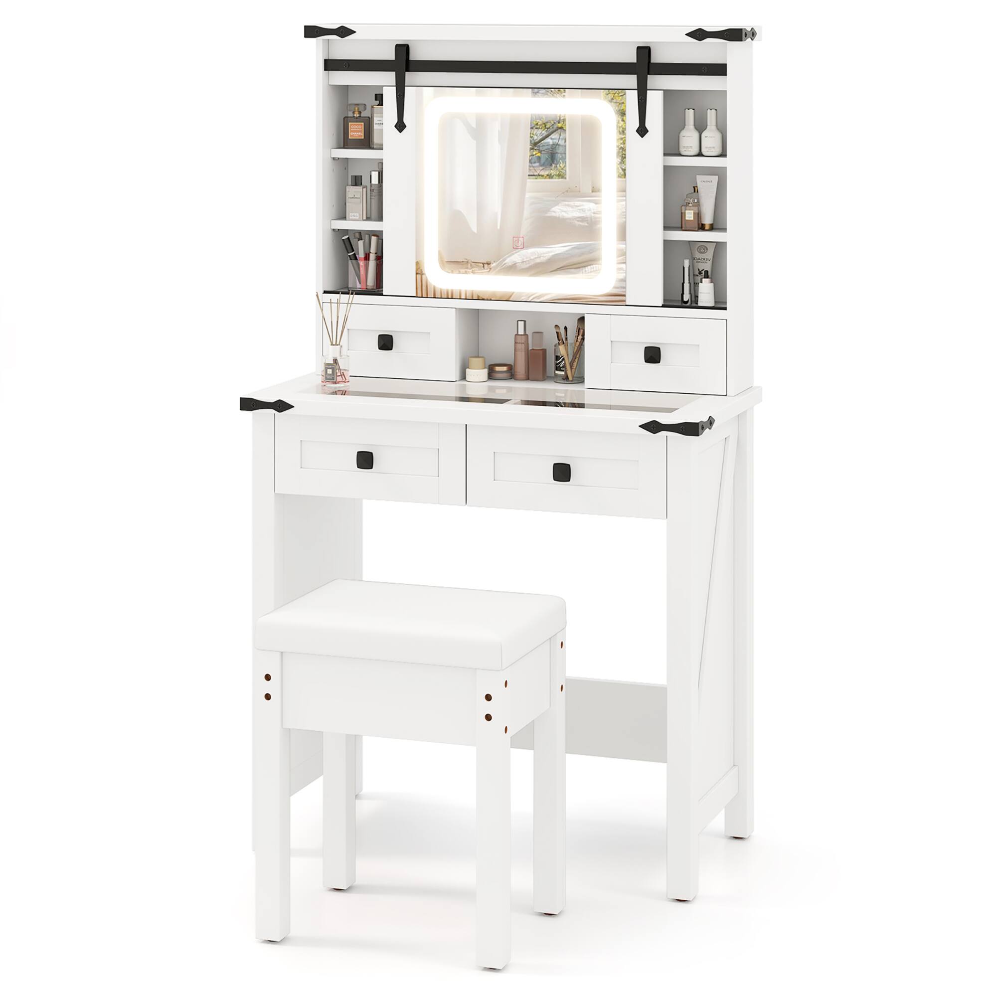 Gymax - Farmhouse Vanity Desk Makeup Vanity Table w/Adjustable Brightness Sliding Mirror - White