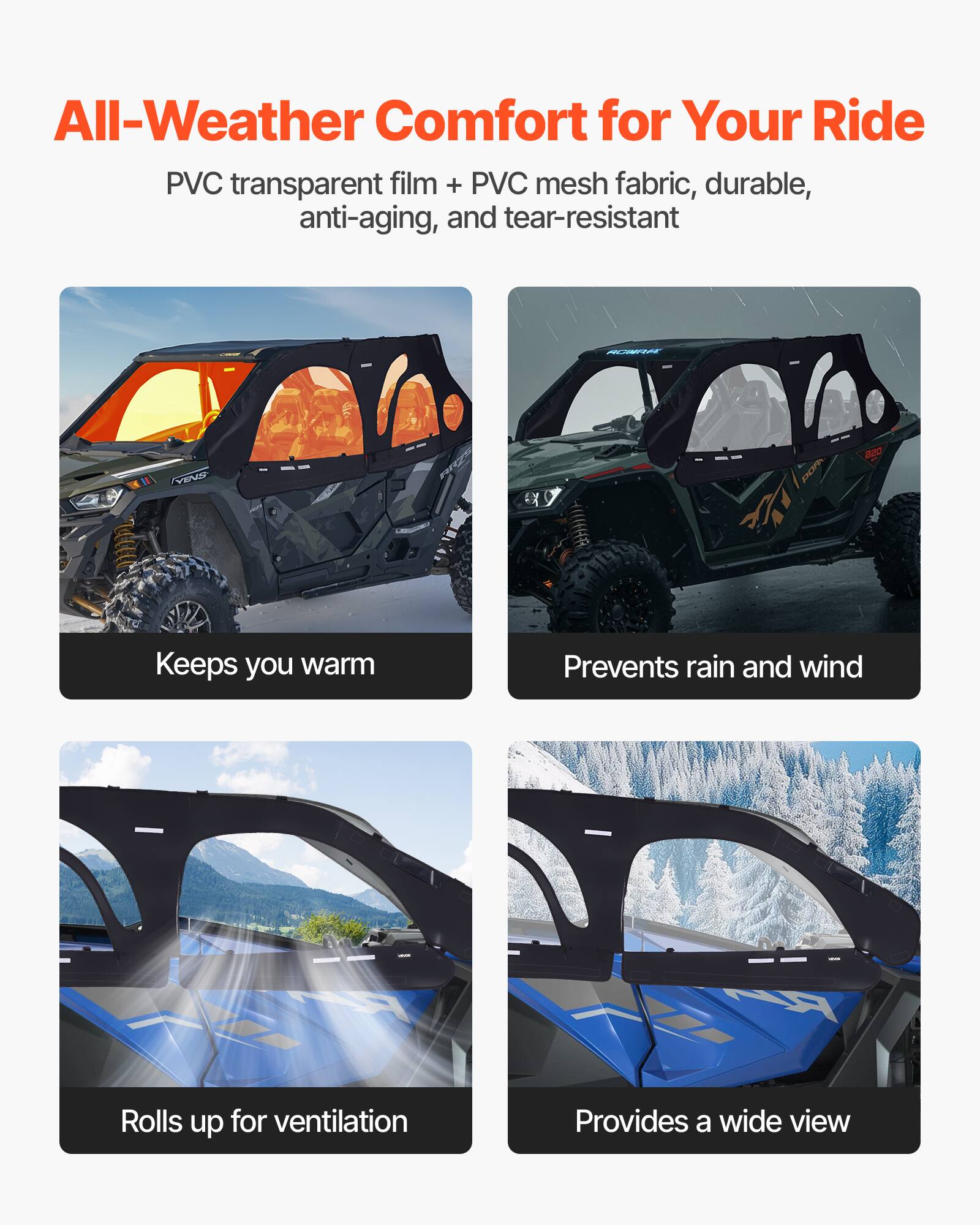 All-Weather Comfort for Your Ride

PVC transparent film + PVC mesh fabric, durable, anti-aging, and tear-resistant

- Keeps you warm
- Prevents rain and wind
- Rolls up for ventilation
- Provides a wide view