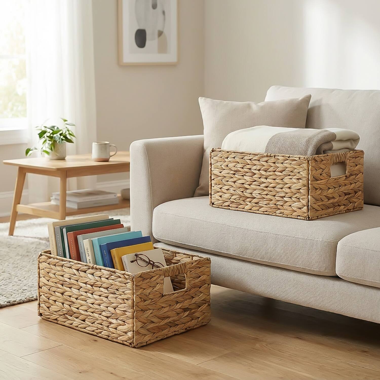 Left. Garnen - Wicker Basket Storage Baskets for Shelves 15"x11", Collapsible Wicker Baskets with Handle for Organizing Bins, Brown - Brown.