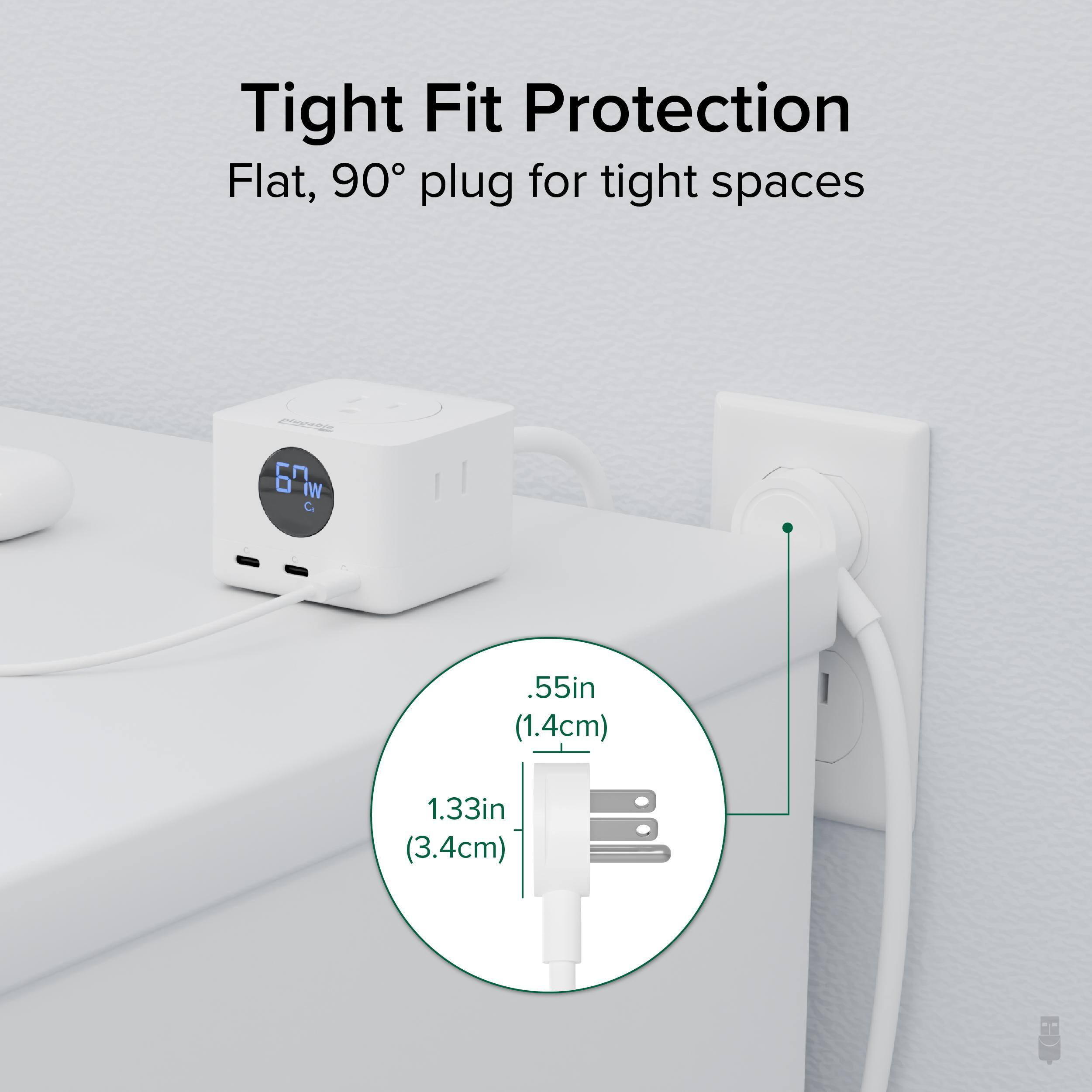 Tight Fit Protection  
Flat, 90° plug for tight spaces  

.55in (1.4cm)  
1.33in (3.4cm)