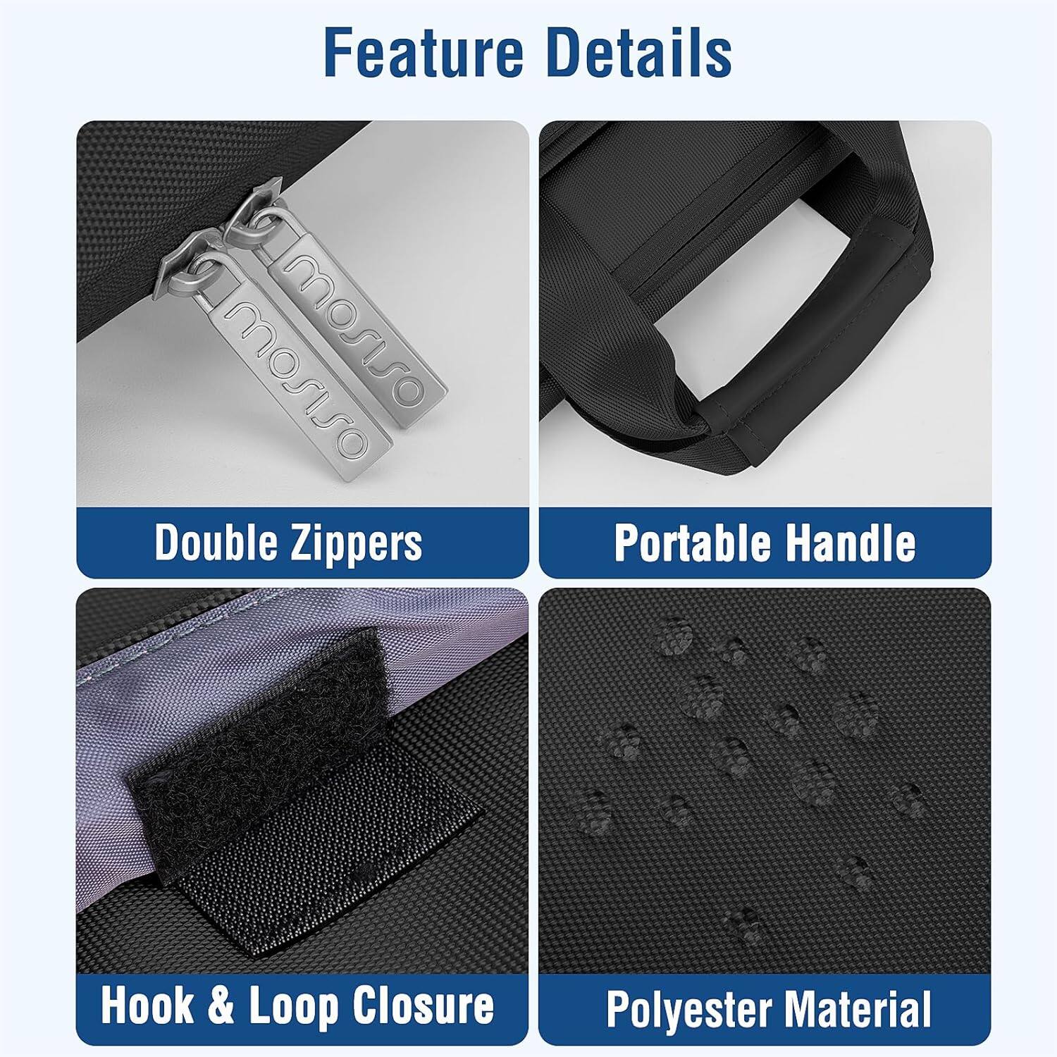 Feature Details  
- Double Zippers  
- Portable Handle  
- Hook & Loop Closure  
- Polyester Material