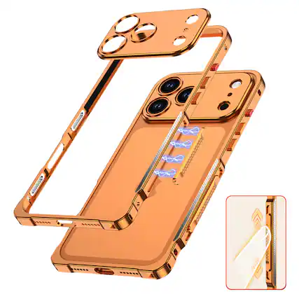 Front. Dteck - for Apple iPhone 17 Pro Metal Bumper Case with Magnetic Lock & Camera Lens Cover,Heat Dissipation Metal Frame Cover - Orange.