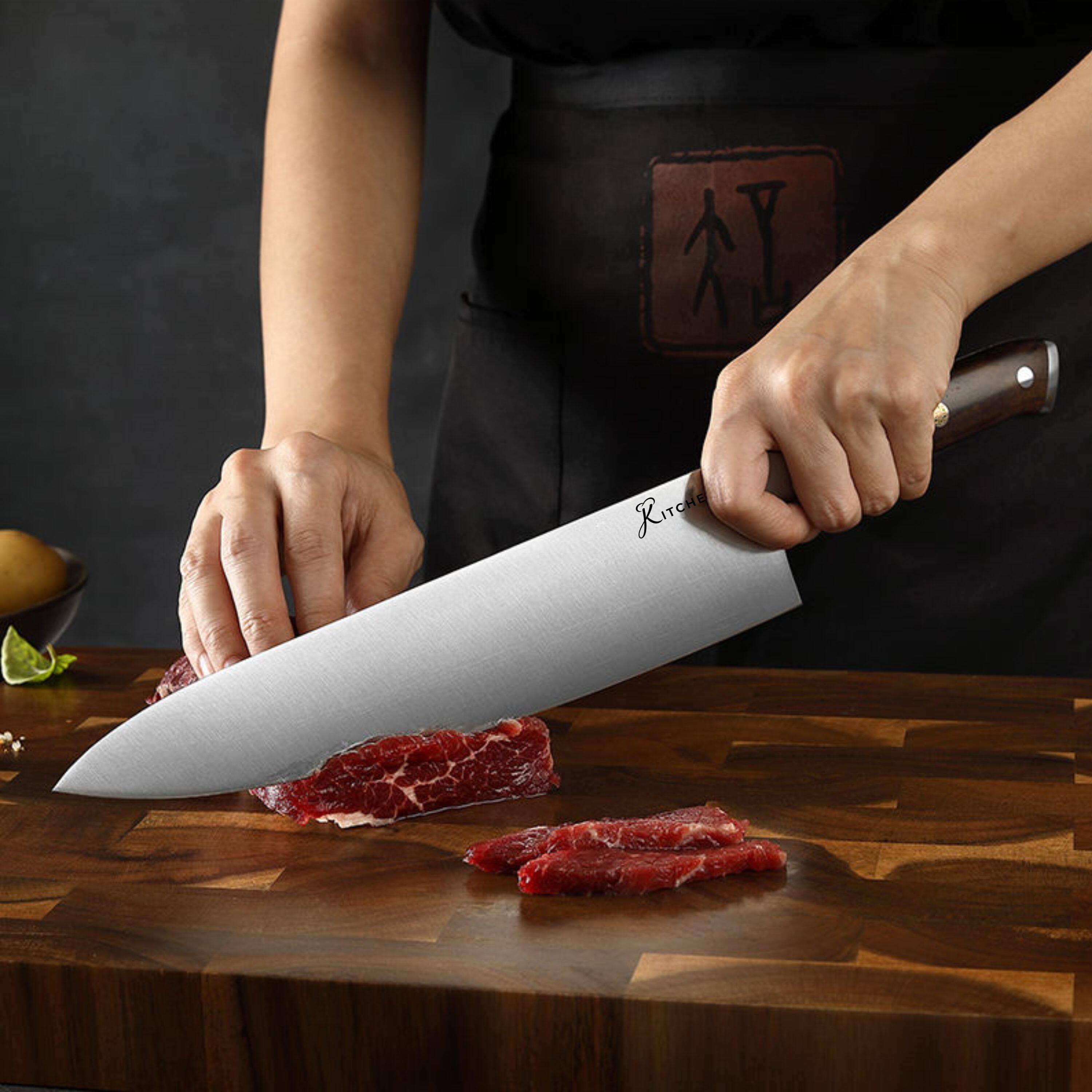 Angle. Kitcheniva - 10" German Stainless Steel Chefs Knife with Ebony Wood Handle.