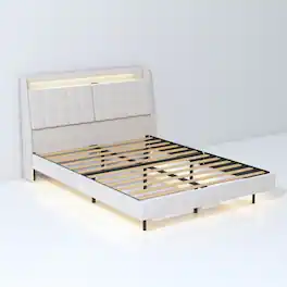 Ecooso - King Floating Bed Frame,LED Light,Charging,Upholstered Headboard and Hidden Storage Space, No Box Spring Needed - Beige