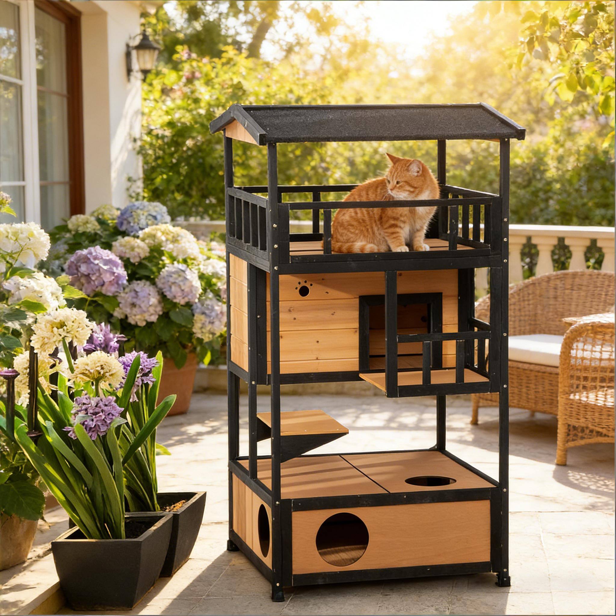 Front. Siljoy - Wooden Outdoor Cat House with Asphalt Roof, Jump Platform & Escape Door, Feral Cat Shelter.