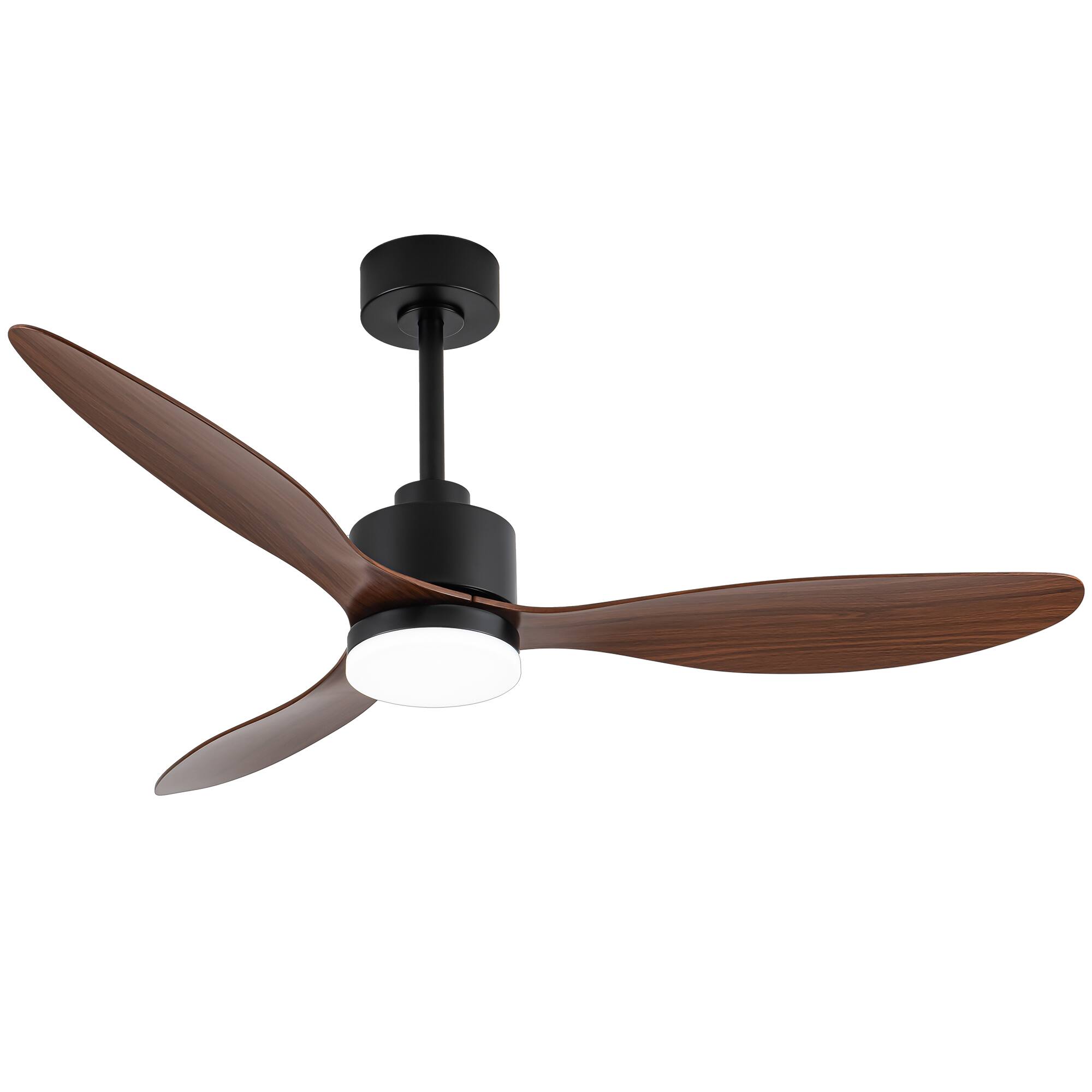 Angle. Breezary - 52" Indoor Ceiling Fan, 3 ABS Blades, 6-Speed DC Motor, Remote Control, Memory/Timer, 3-Color LED Light, 5"/10" Downrods - Matte Black and Dark Wood Grain.