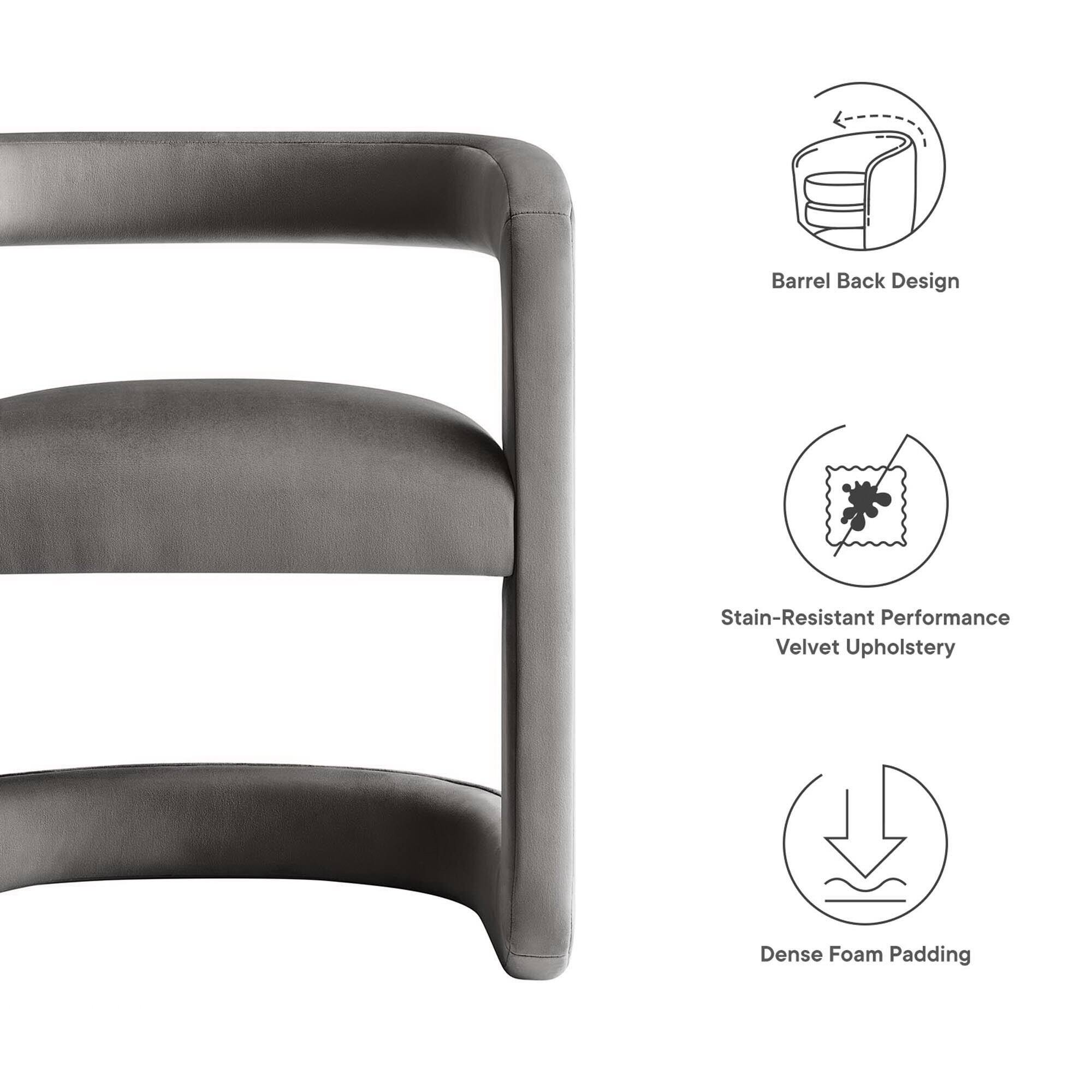 - Barrel Back Design
- Stain-Resistant Performance Velvet Upholstery
- Dense Foam Padding