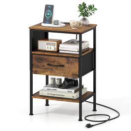 Costway - 1 PCS Nightstand with Charging Station, 24.5" Modern Bedside Table with Fabric Drawer - Rustic Brown + Black
