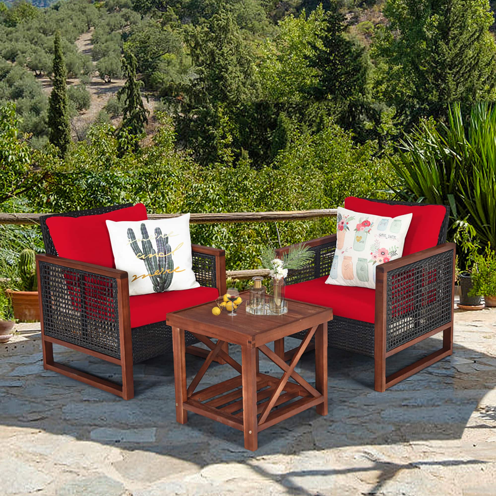 Gymax - 3PCS Rattan Wicker Patio Conversation Set Outdoor Furniture Set w/ Cushion - Red price history on PriceWatchPro