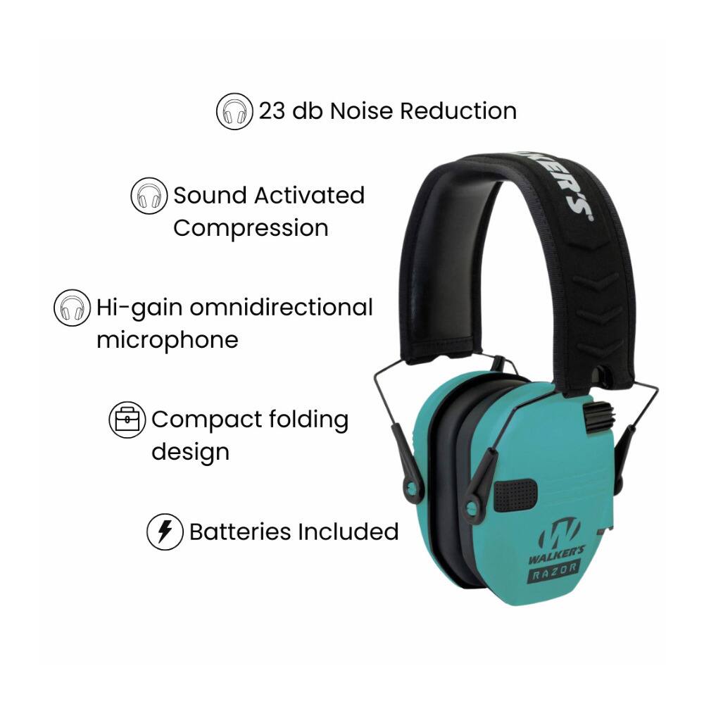23 db Noise Reduction  
Sound Activated Compression  
Hi-gain omnidirectional microphone  
Compact folding design  
Batteries Included  

WALKER'S RAZOR