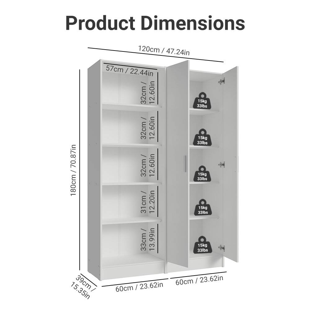 Product Dimensions

- Height: 180cm / 70.87in
- Width: 120cm / 47.24in
- Depth: 60cm / 23.62in

Shelf Dimensions:
- Top Shelf: 57cm / 22.44in (Depth) x 120cm / 47.24in (Width)
- Second Shelf: 32cm / 12.60in (Depth) x 120cm / 47.24in (Width)
- Third Shelf: 32cm / 12.60in (Depth) x 120cm / 47.24in (Width)
- Fourth Shelf: 31cm / 12.20in (Depth) x 120cm / 47.24in (Width)
- Fifth Shelf: 33cm / 13.99in (Depth) x 120cm / 47.24in (Width)
- Bottom Shelf: 39cm / 15.35in (Depth)