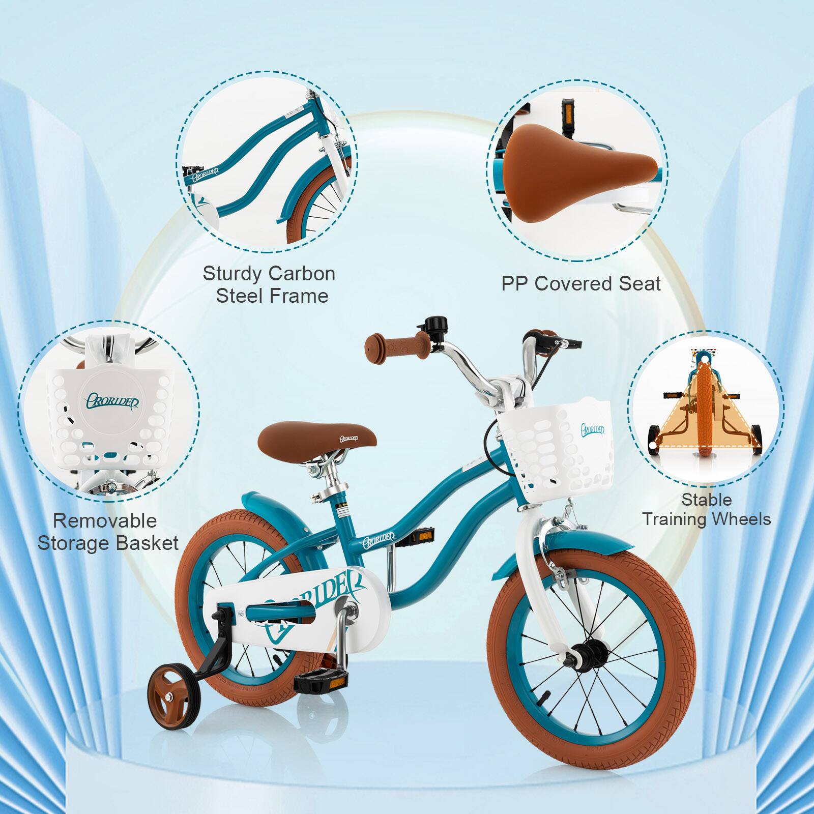 - Sturdy Carbon Steel Frame
- PP Covered Seat
- Removable Storage Basket
- Stable Training Wheels