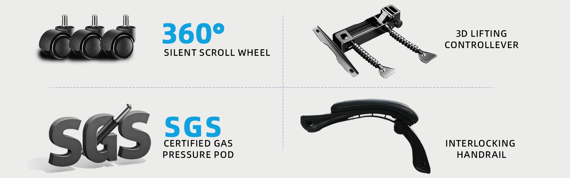 360° Silent Scroll Wheel  
3D Lifting Control Lever  
SGS Certified Gas Pressure Pod  
Interlocking Handrail