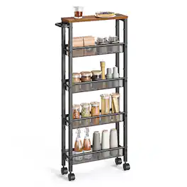 Songmics Home - Slim Rolling Cart, 5-Tier Storage Cart with Handle, 5.1 Inches Deep, Metal Frame, Narrow for Kitchen, Dining Room - Rustic Brown and Black