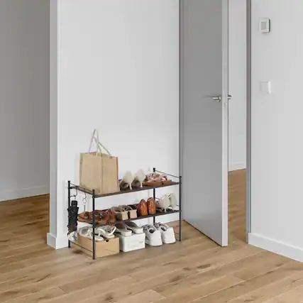 Front. Oumilen - 2-Tier Fabric Shoe Rack with Hooks, Brown - Black.