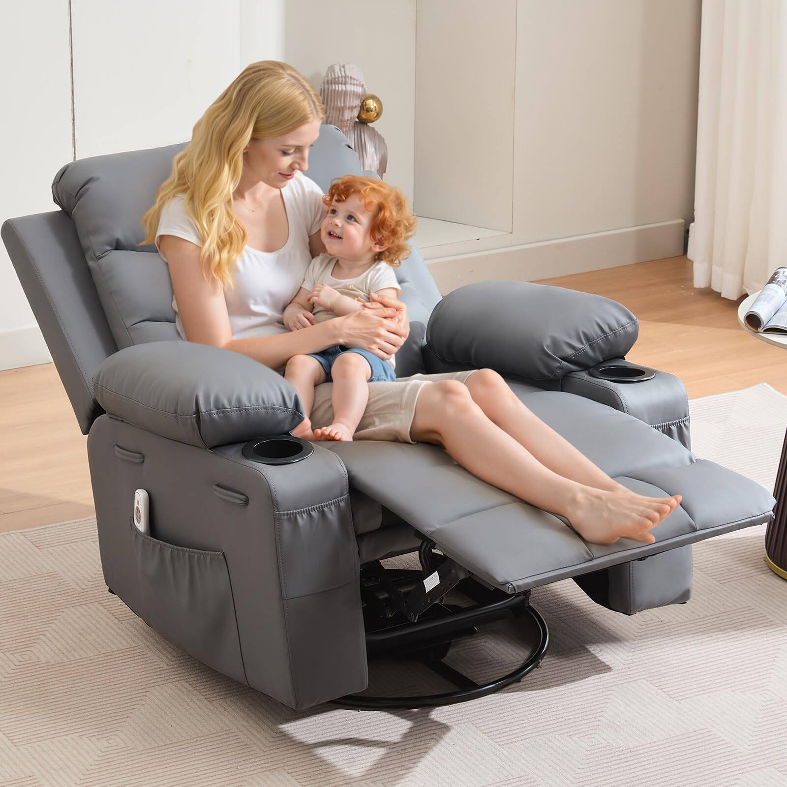 Alt View 5. Babevy - 37.6" Wide Oversized Manual Recliner with Massage and Heat, PU Leather Swivel Recliner Chair with Cup Holder - Grey.