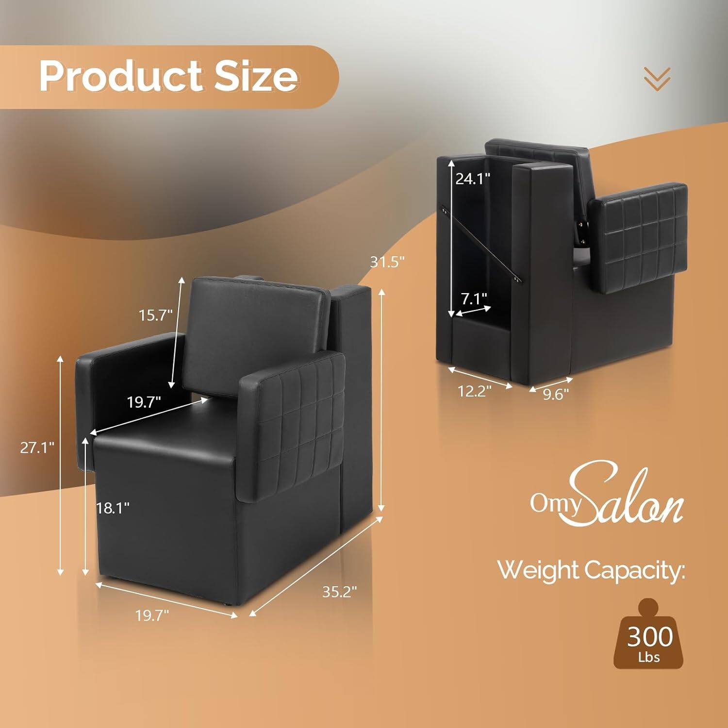 Product Size: 24.1" x 31.5" x 15.7" x 7.1" x 19.7" x 12.2" x 9.6" x 27.1" x 18.1" x 19.7" x 35.2"  
Omy Salon Weight Capacity: 300 Lbs