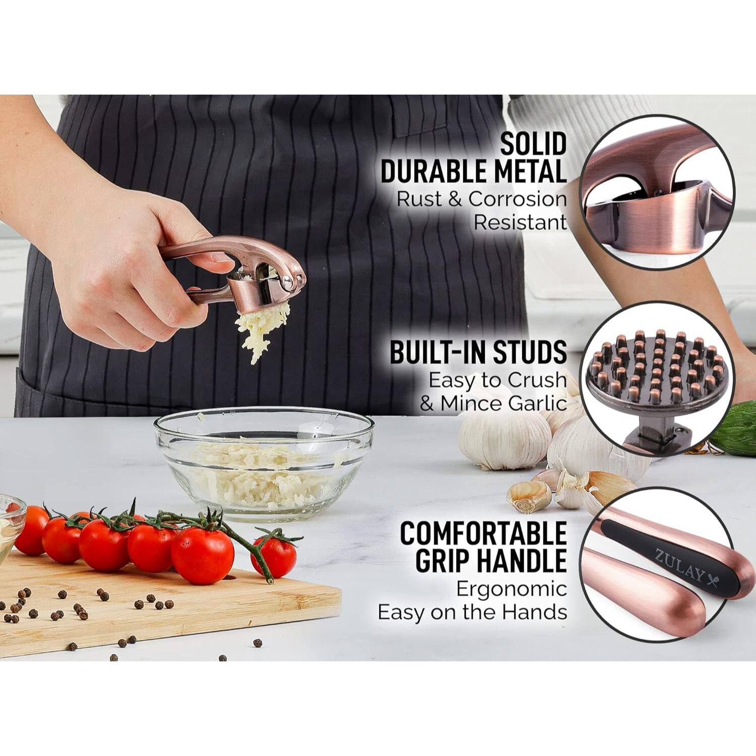 SOLID DURABLE METAL Rust & Corrosion Resistant
BUILT-IN STUDS Easy to Crush & Mince Garlic
COMFORTABLE GRIP HANDLE Ergonomic Easy on the Hands
ZULAY