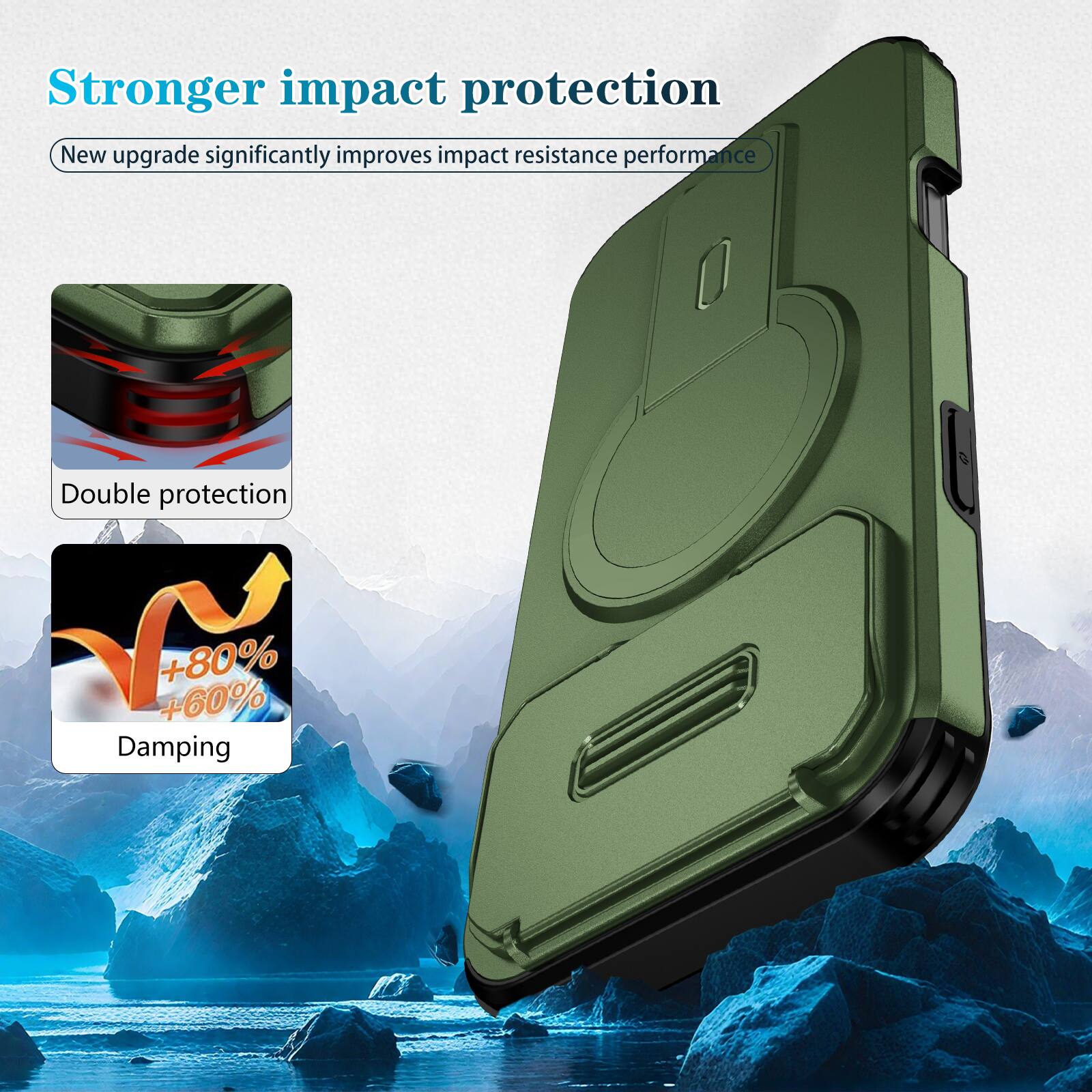 Stronger impact protection  
New upgrade significantly improves impact resistance performance  
Double protection  
+80% +60% Damping