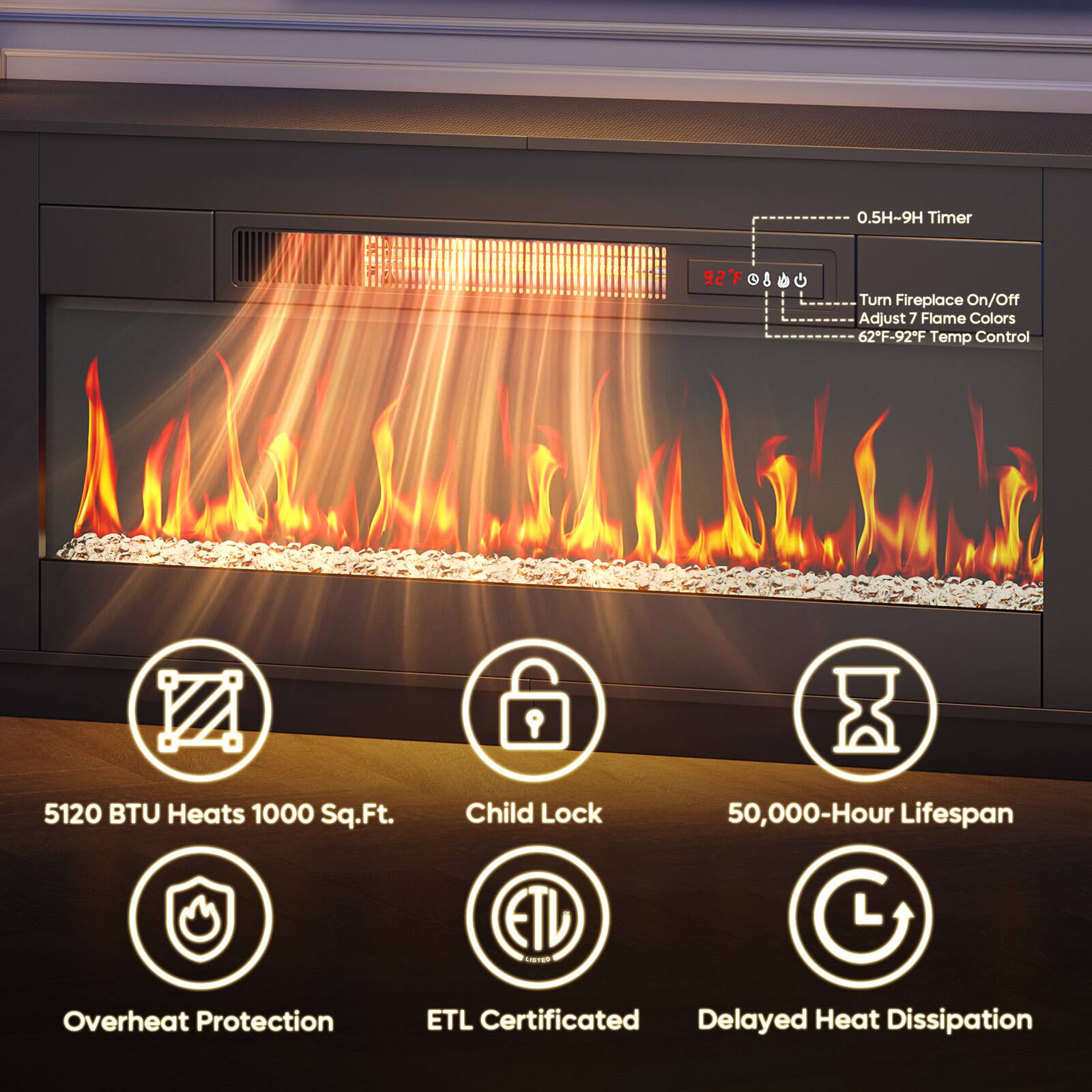 0.5H-9H Timer
92°F & Turn Fireplace On/Off
Adjust 7 Flame Colors
62°F-92°F Temp Control
5120 BTU Heats 1000 Sq.Ft.
Child Lock
50,000-Hour Lifespan
Overheat Protection
ETL Certificated
Delayed Heat Dissipation