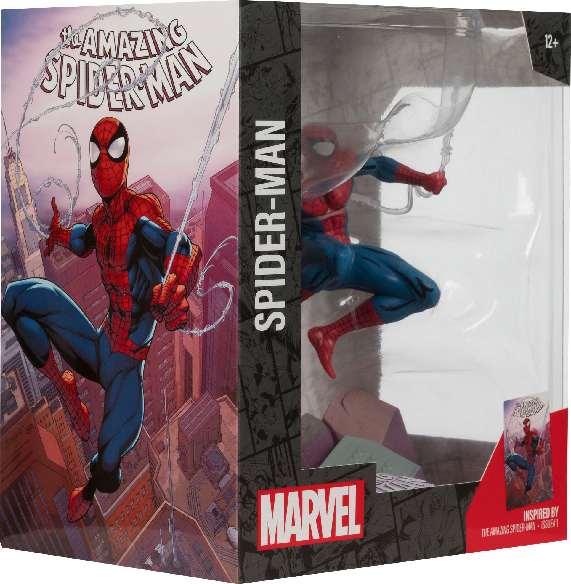 The Amazing Spider-Man is a Marvel comic book that has inspired this Spider-Man action figure. The figure is designed to resemble the Spider-Man character from the comic book series. The action figure is displayed in a box, which also features a comic book cover of The Amazing Spider-Man.