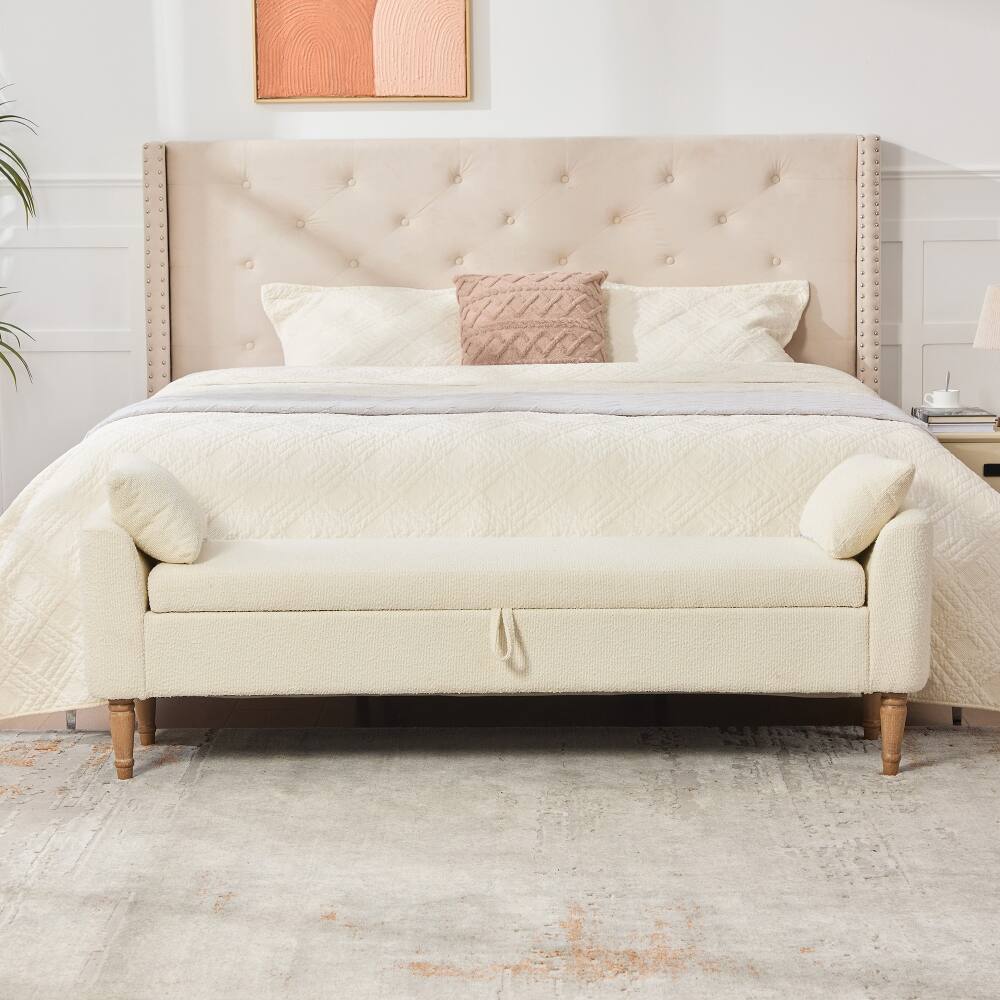Back. Ropilly - Ropilly Modern Boucle Upholstered Storage Bench with Armrests, Beige Bed End Stool for Bedroom and Entryway - Beige.
