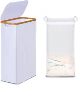 Vulpecula Spade - Laundry Basket with Lid, Narrow Laundry Hamper with Removable Bag, Skinny Dirty Clothes Basket with Bamboo Handles - White