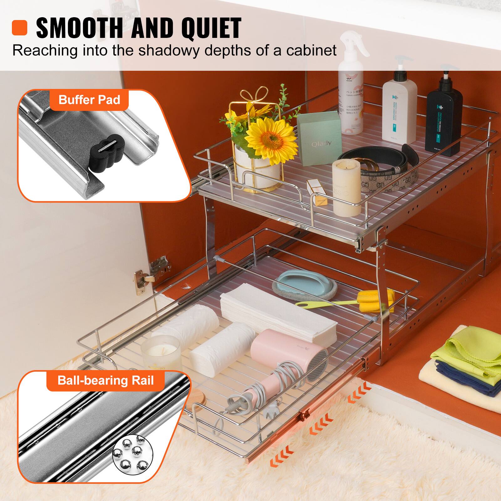 The text in the image can be grouped and corrected as follows:

- **Smooth and Quiet**: Reaching into the shadowy depths of a cabinet
- **Buffer Pad**: Reduces noise
- **Ball-bearing Rail**: Ensures smooth movement

This text highlights the features of a metal shelf unit, emphasizing its quiet operation and smooth sliding mechanism.