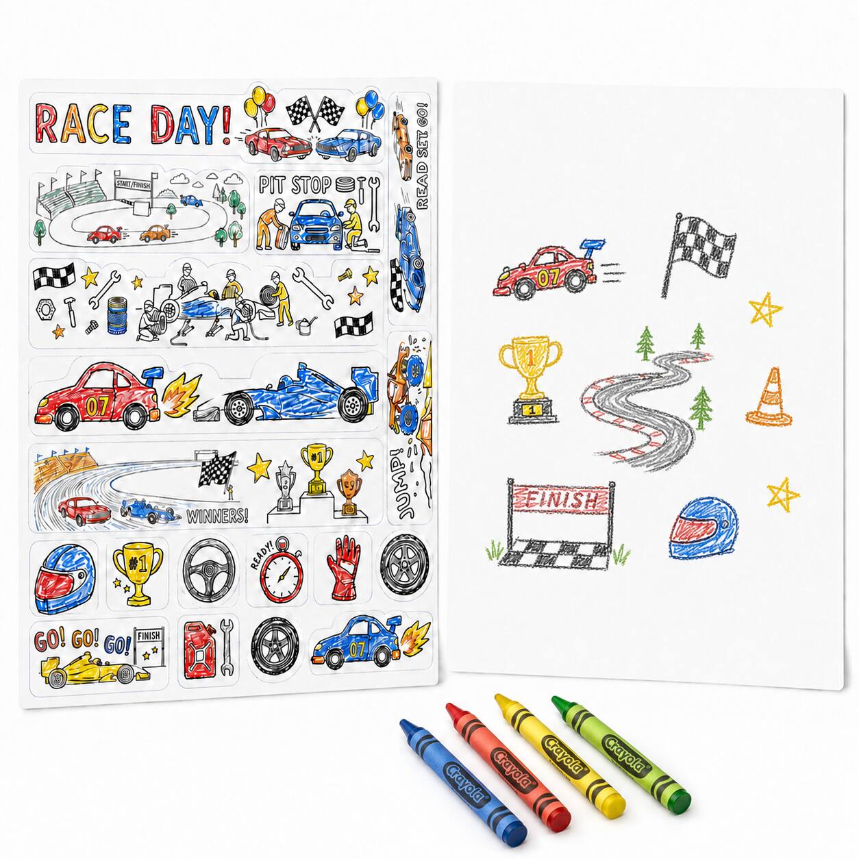 RACE DAY!  
START, FINISH  
PIT STOP  
GO! SET. READ  
07  
WINNERS! READY!  
!9MUL  
EINISH  
GO! GO! FINISH GO!  

Crayola Crayola Crayola Crayola