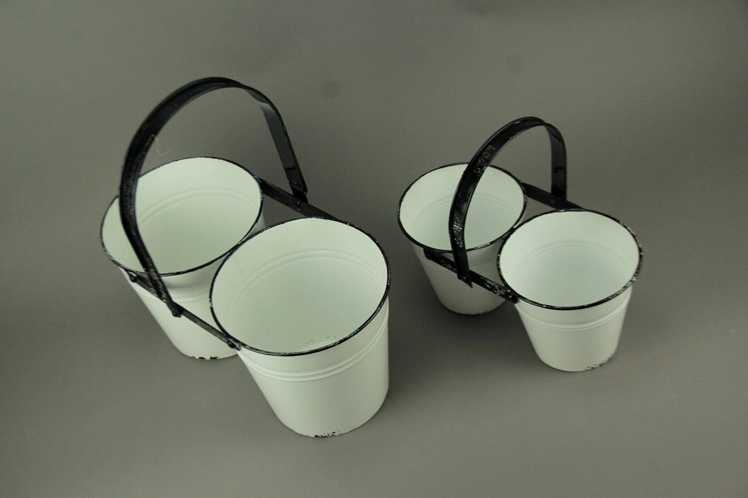 Alt View 1. Zeckos - Rustic Black and White Metal Double Planters Set of 2 - White.