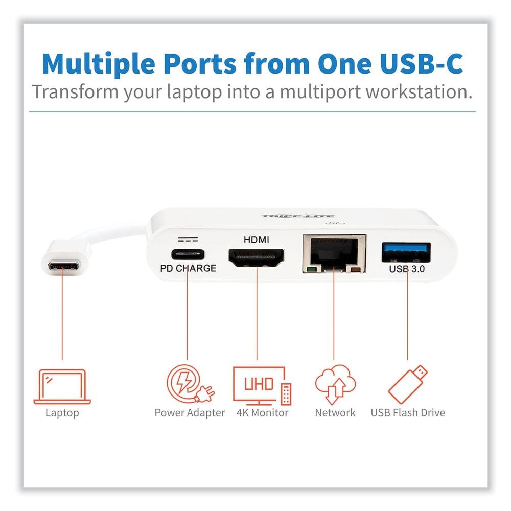 Multiple Ports from One USB-C  
Transform your laptop into a multiport workstation.  

TRIIEE HDMI PD CHARGE USB 3.0 Laptop S UHD Power Adapter 4K Monitor Network USB Flash Drive