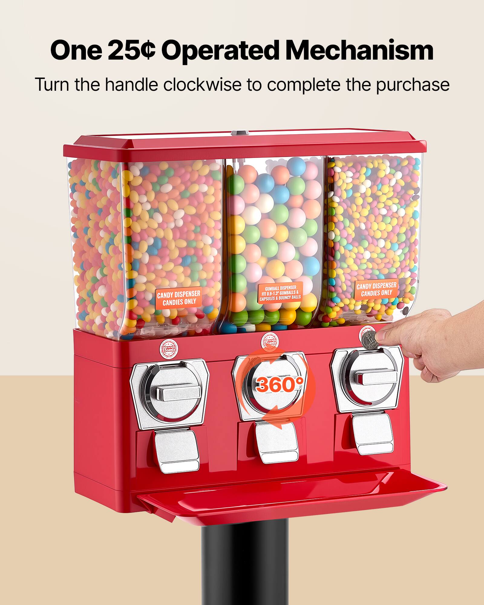 One 25¢ Operated Mechanism  
Turn the handle clockwise to complete the purchase  

CANDY DISPENSER  
CANDIES ONLY  

GUMBALL DISPENSER  
1-15 GUMBALLS & CAPSULES & BOUNCY BALLS  

CANDY DISPENSER  
CANDIES ONLY  

360°
